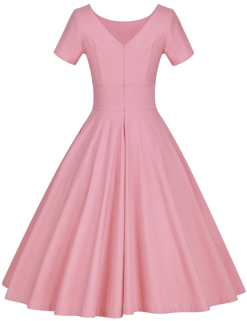 50s Women`s Scoop Collar Audrey Hepburn Style Pink Swing Dress With Pockets - Gowntownvintage
