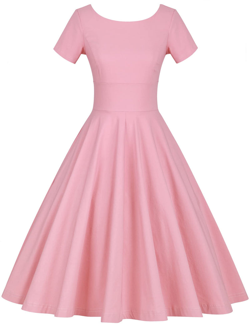 50s Women`s Scoop Collar Audrey Hepburn Style Pink Swing Dress With Pockets - Gowntownvintage