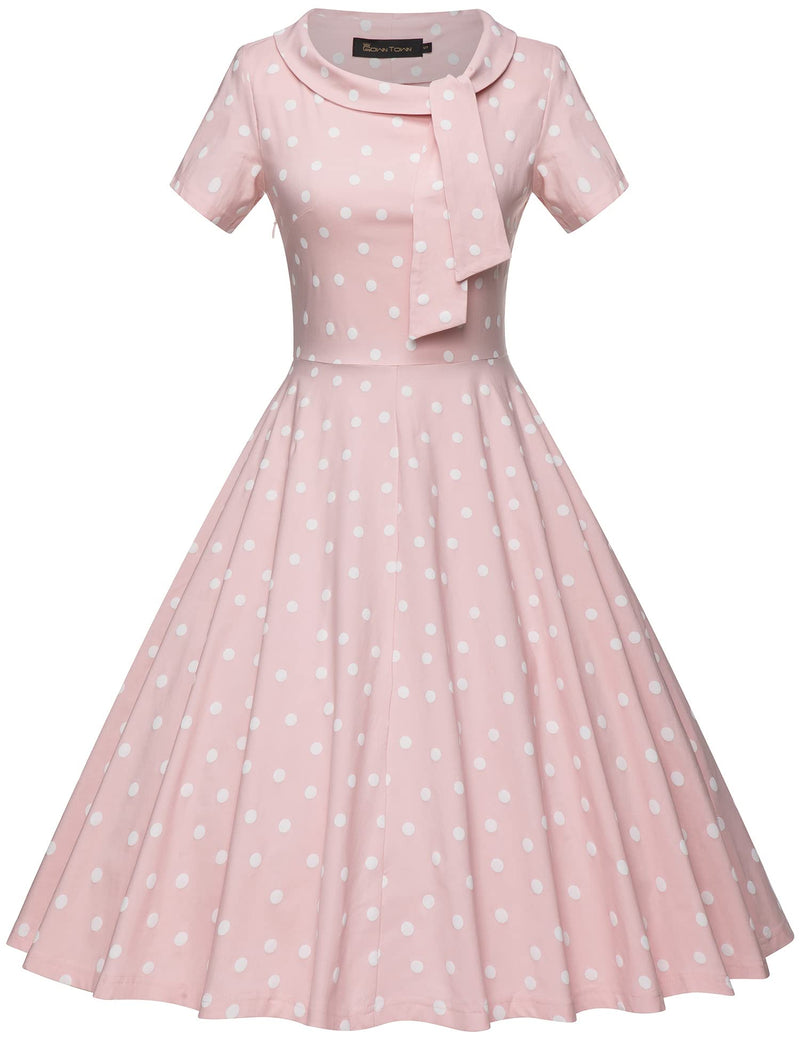 50s  Vintage Pinkdot Dress  In  Roller Collar With Fixed Bowkot Tie - Gowntownvintage