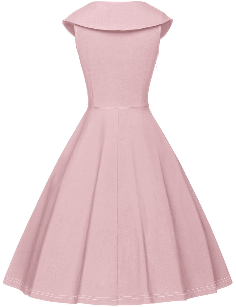 Women`s 50s Bowknot Cape Collar  Pink Casual Swing Party Dress With Pockets - Gowntownvintage