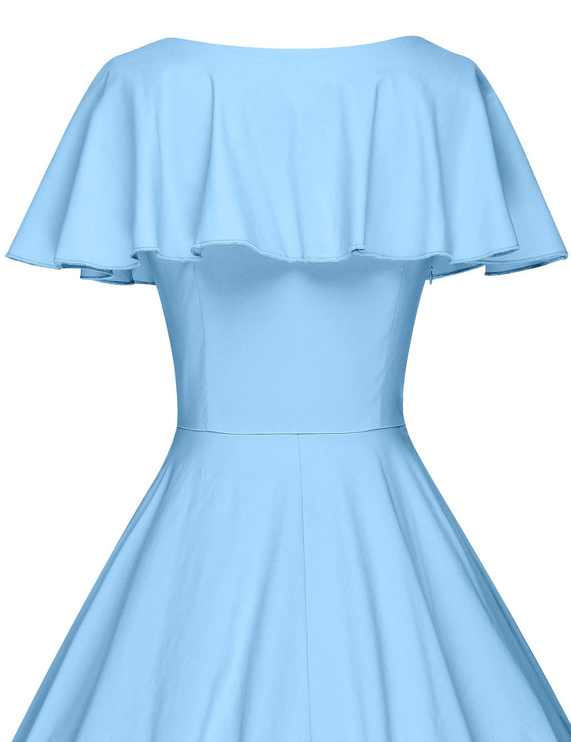 1950s  Lightblue Retro Ruffle Collar Swing Dress With Pockets - Gowntownvintage