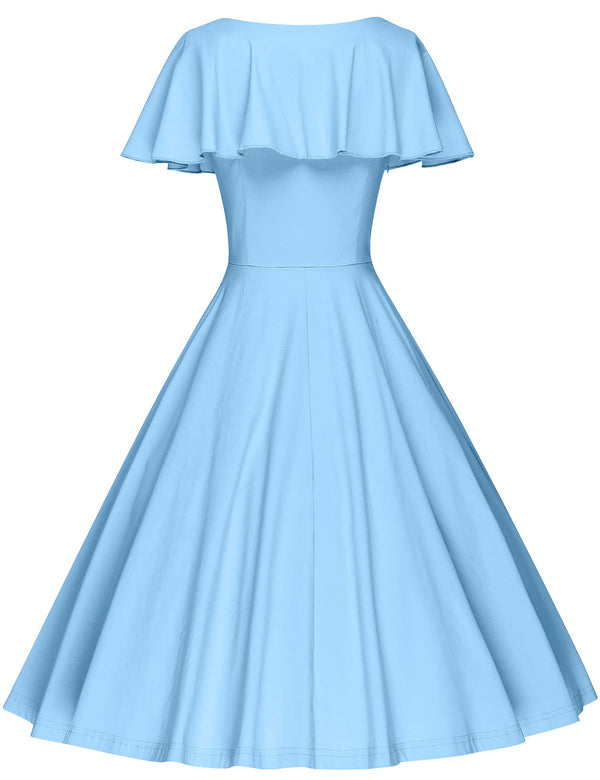 1950s  Lightblue Retro Ruffle Collar Swing Dress With Pockets - Gowntownvintage