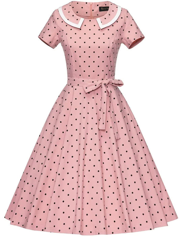 50s  Women`s Retro Dress Pinkdot Dot Peter Pan Collar Swing Dress With Pockets - Gowntownvintage