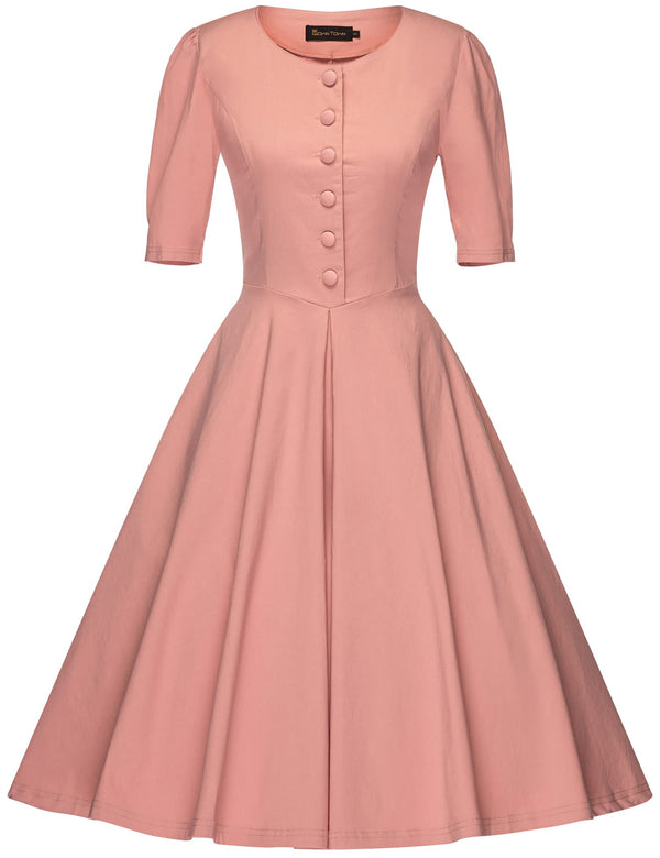 50s Round Neckline Pink Shirtwaist Swing Dress WIth Pockets