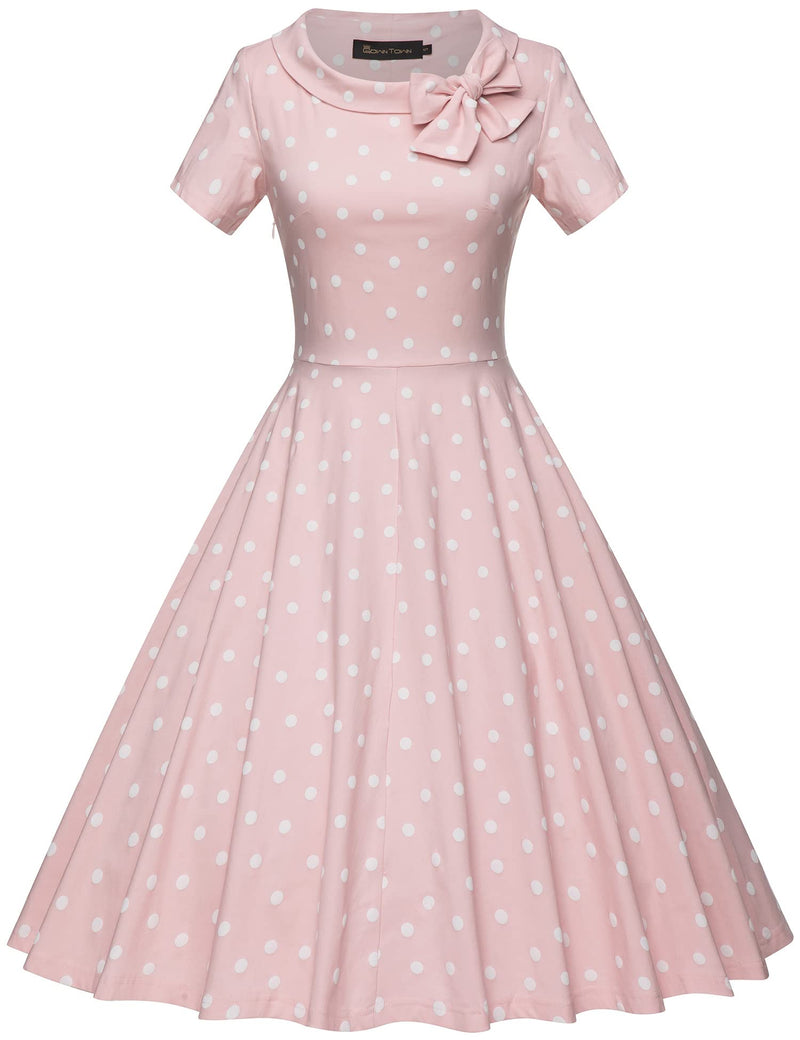 50s  Vintage Pinkdot Dress  In  Roller Collar With Fixed Bowkot Tie - Gowntownvintage