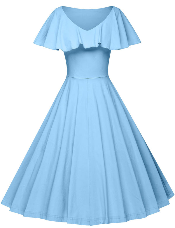 1950s  Lightblue Retro Ruffle Collar Swing Dress With Pockets - Gowntownvintage