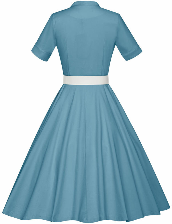 50s Lapel Collar Vneckline Aquablue Shirtwaist Vintage Dress With Belts&Pockets - Gowntownvintage
