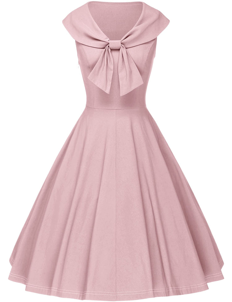 Women`s 50s Bowknot Cape Collar  Pink Casual Swing Party Dress With Pockets - Gowntownvintage