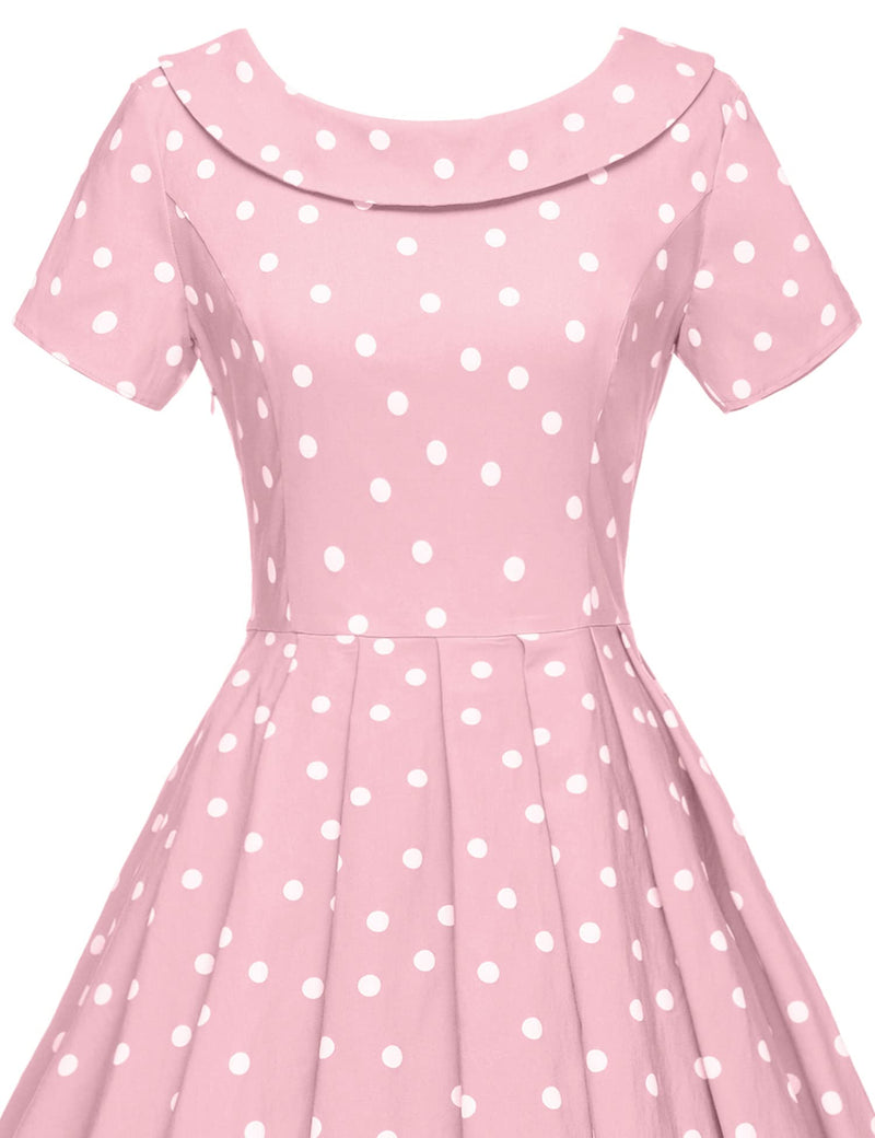 1950s  Pinkdot Roll Collar Swing Dress With Pockets - Gowntownvintage