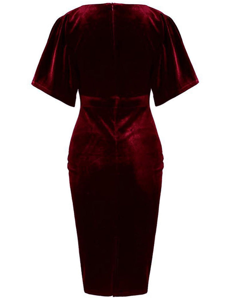 Women`s 1950s Vintage  Velvet Darkred Pencil Dress With Pockets - Gowntownvintage