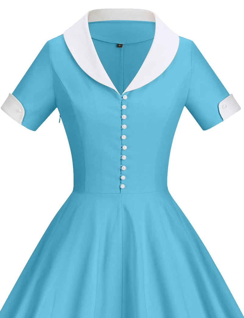 40s 50s Vintage Women`s Teal Colar Shawl Collar Vneckline Shirt Dress - Gowntownvintage