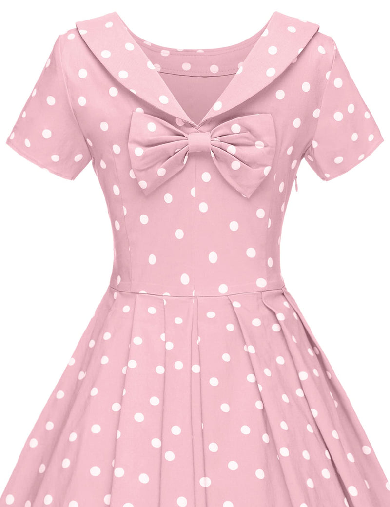 1950s  Pinkdot Roll Collar Swing Dress With Pockets - Gowntownvintage