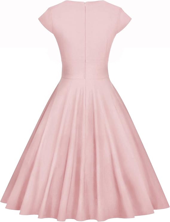 1950s Women`s  Pink Short Sleeve  Sweetheart Neckline Vintage Party Swing Dress With Pockets