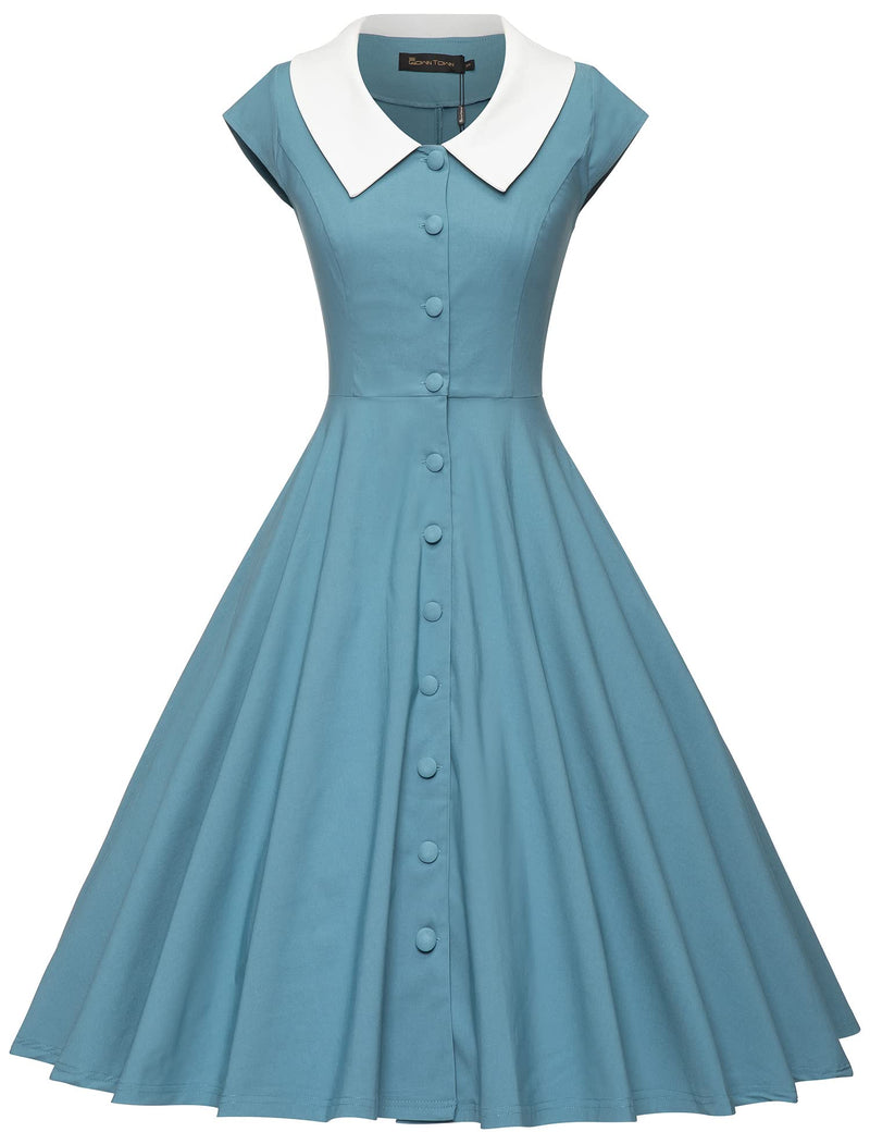 1940s 50s  Peter Pan Collar Blue Shirtwaist Vintage Swing Dress With Pockets - Gowntownvintage