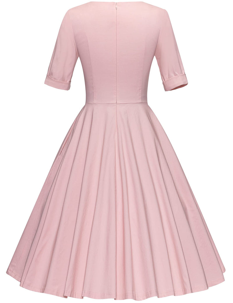 40s Women`s Scoop Collar Pink Shirtwaist Swing Dress With Pockets - Gowntownvintage