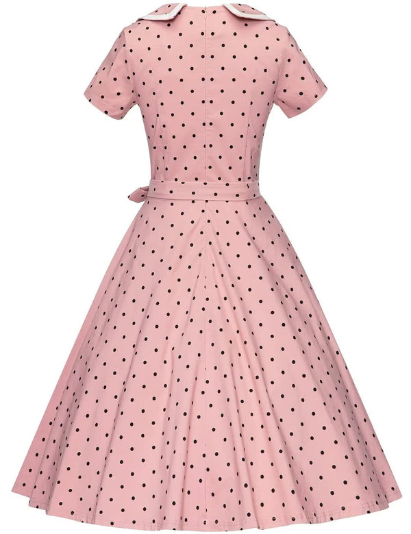 50s  Women`s Retro Dress Pinkdot Dot Peter Pan Collar Swing Dress With Pockets - Gowntownvintage