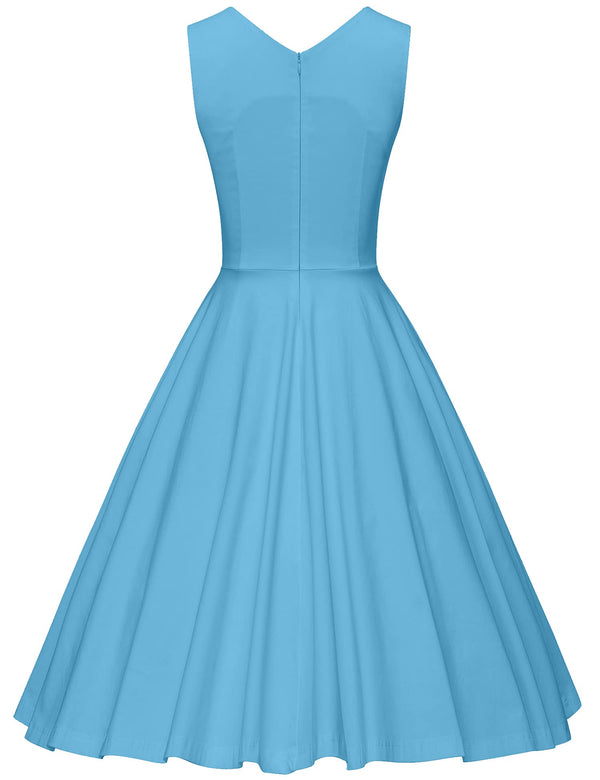 1950s Blue V Neckline Dotted With Bowknot  Swing  Party Dress With Pockets - Gowntownvintage