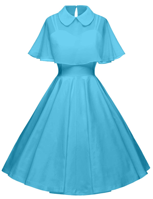 Women`s 1950s  Sweetheart Neckline Skyblue Party Dress With Chiffon Cloak - Gowntownvintage