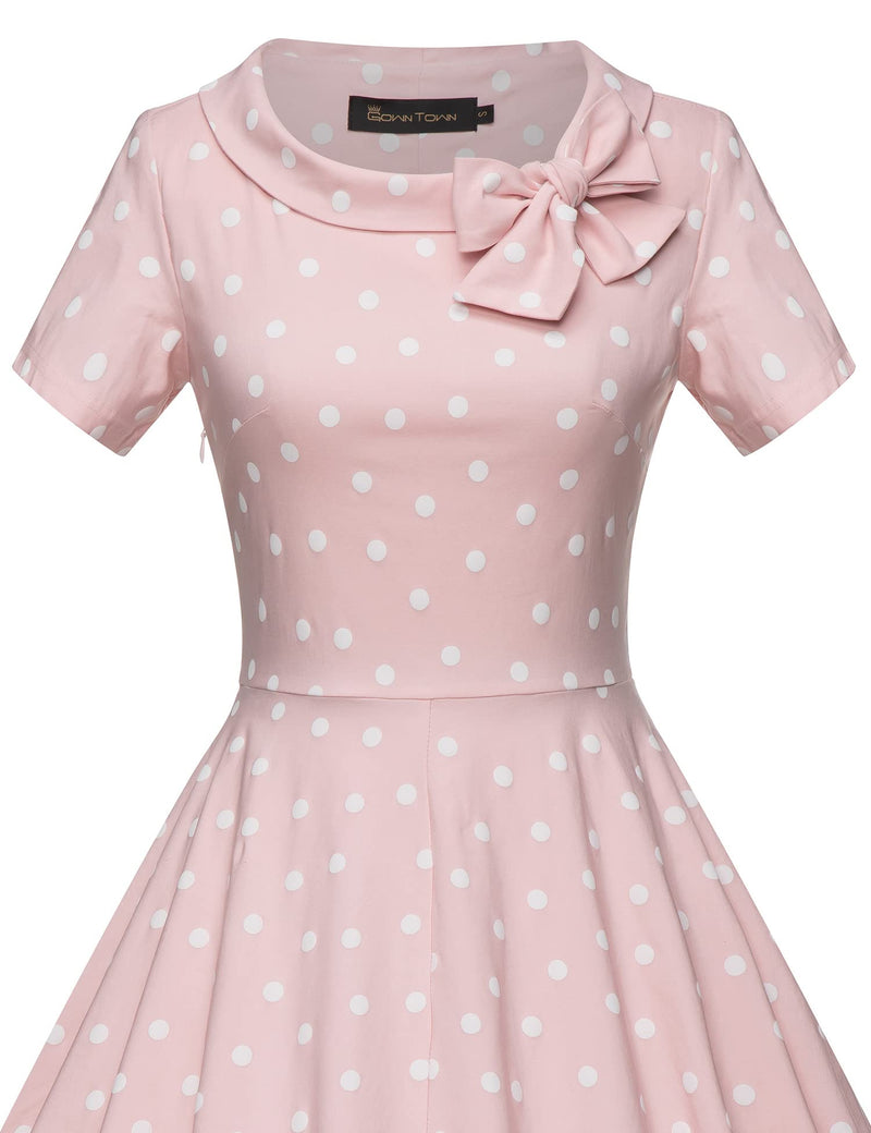 50s  Vintage Pinkdot Dress  In  Roller Collar With Fixed Bowkot Tie - Gowntownvintage