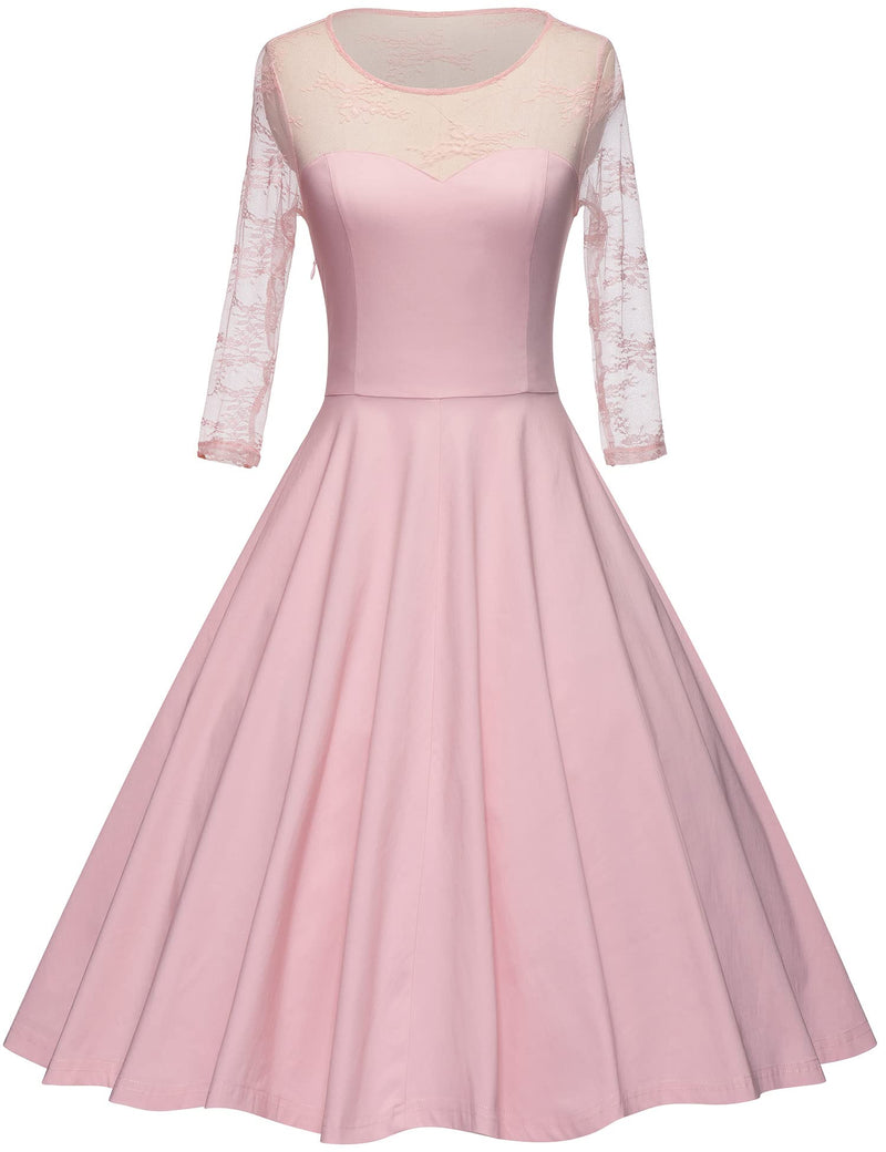 50s  Pink  Semi-transparent Lace Top  Long Sleeve Party Swing Dress With Pockets
