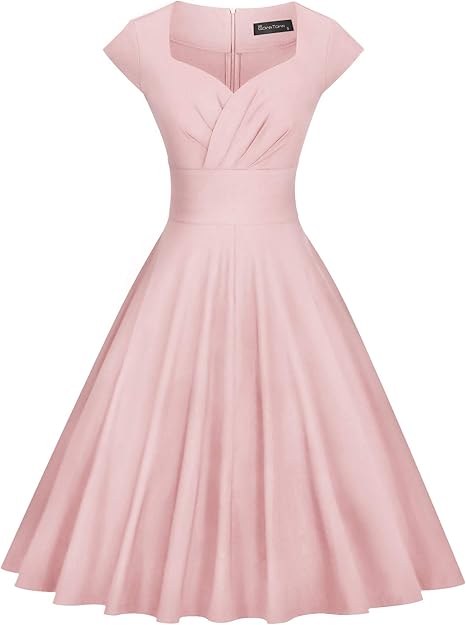 1950s Women`s  Pink Short Sleeve  Sweetheart Neckline Vintage Party Swing Dress With Pockets