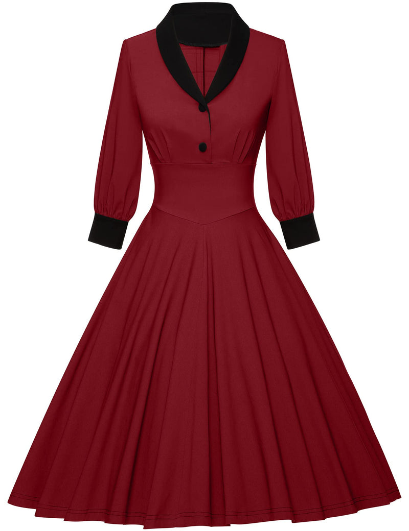 40s Vintage Women`s Darkred Shawl Collar Vneckline Shirtwaist Swing Dress With Pockets - Gowntownvintage