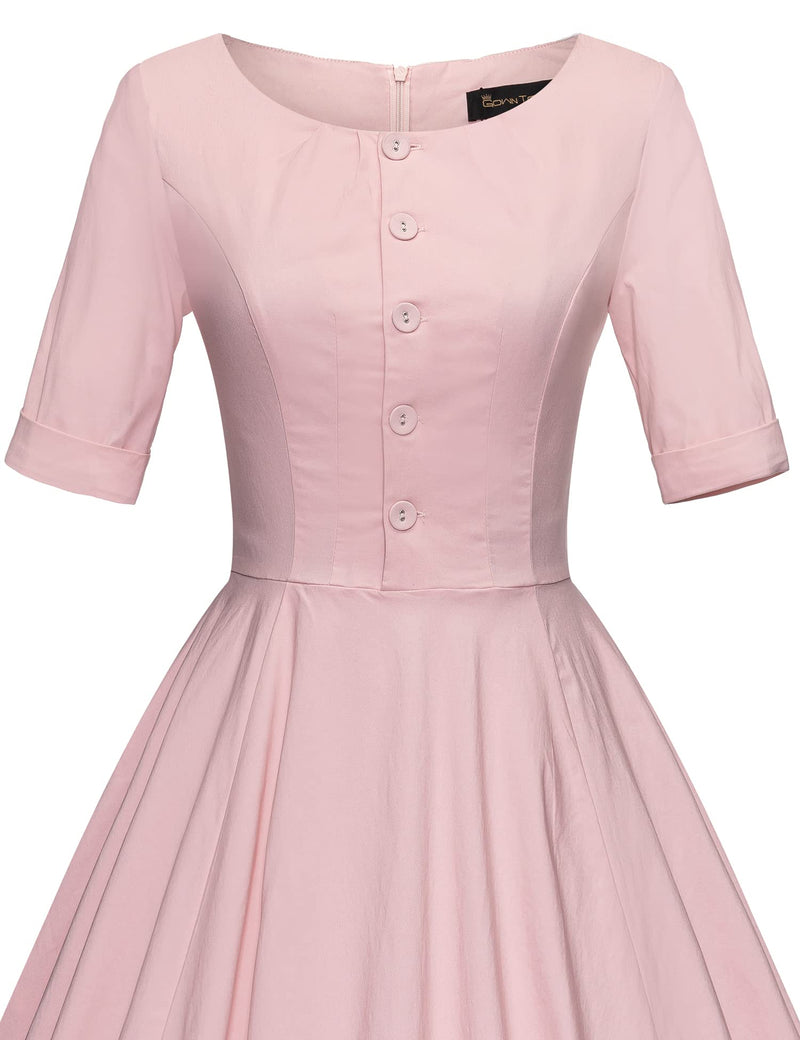 40s Women`s Scoop Collar Pink Shirtwaist Swing Dress With Pockets - Gowntownvintage