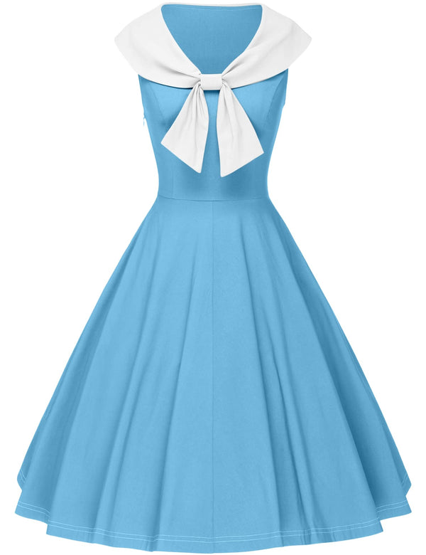 Women`s 50s Bowknot Cape Collar  Skyblue Casual Swing Party Dress With Pockets - Gowntownvintage
