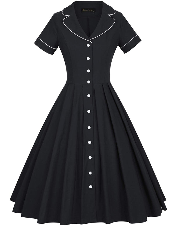 40s 50s Vintage Women`s   Black Lapel Collar  Vneckline Shirt Dress With Pockets - Gowntownvintage