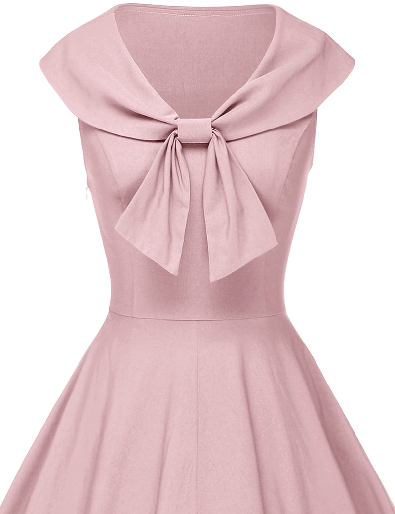 Women`s 50s Bowknot Cape Collar  Pink Casual Swing Party Dress With Pockets - Gowntownvintage
