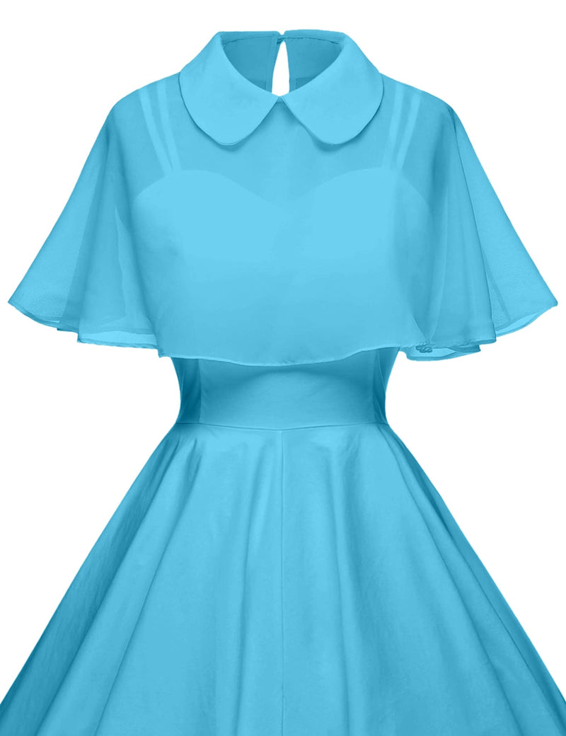 Women`s 1950s  Sweetheart Neckline Skyblue Party Dress With Chiffon Cloak - Gowntownvintage