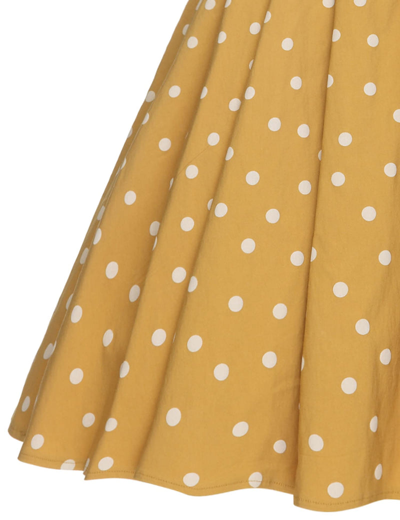 1950s Women`s Yellow Dot  Roll Collar Party Dress - Gowntownvintage