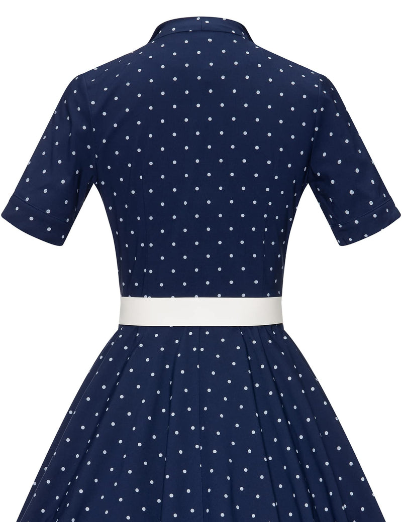 50s Lapel Collar Vneckline  Darkbluedot Shirtwaist Vintage Dress With Belts&Pockets - Gowntownvintage