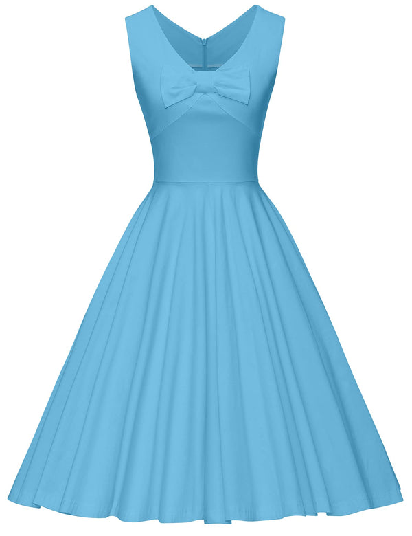 1950s Blue V Neckline Dotted With Bowknot  Swing  Party Dress With Pockets - Gowntownvintage