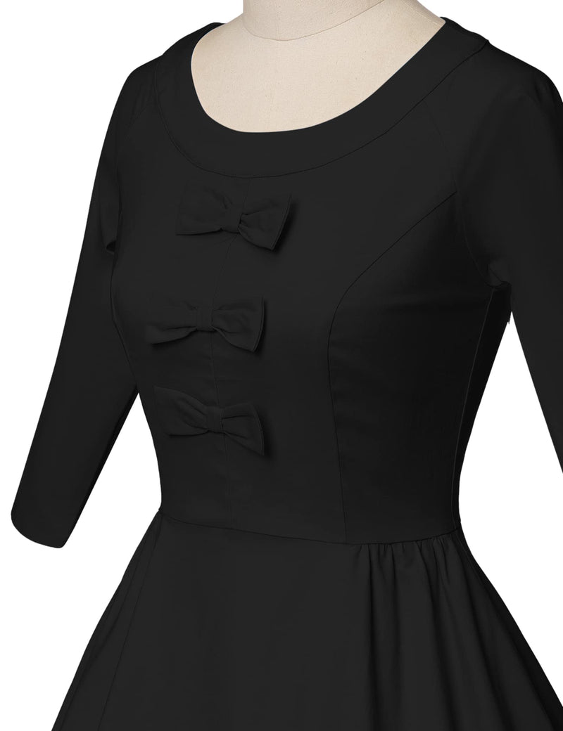 50s Women`s   O neckline Front Bowknot Tie Black Swing Dress With Pockets - Gowntownvintage