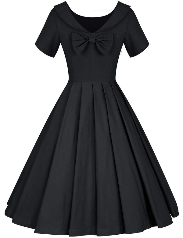 50s Round Collar Roller Black Dress With Pockets - Gowntownvintage