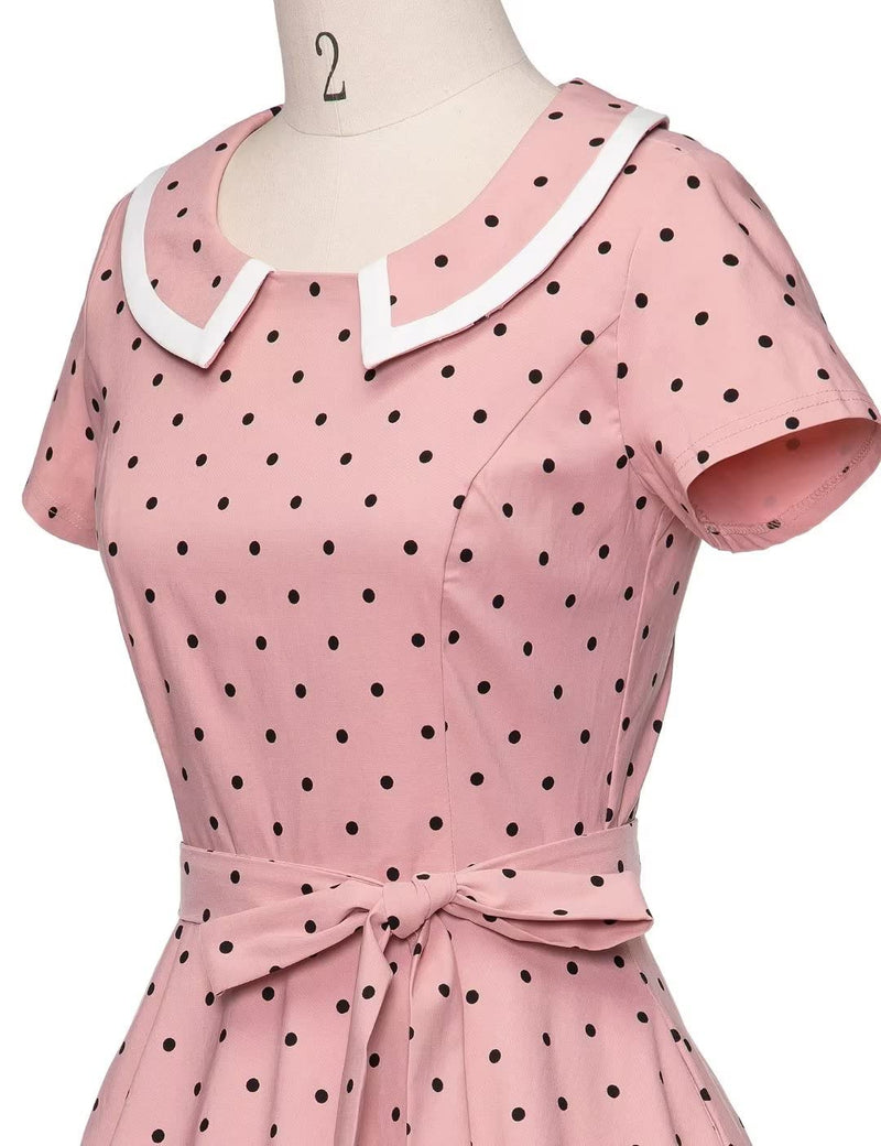 50s  Women`s Retro Dress Pinkdot Dot Peter Pan Collar Swing Dress With Pockets - Gowntownvintage