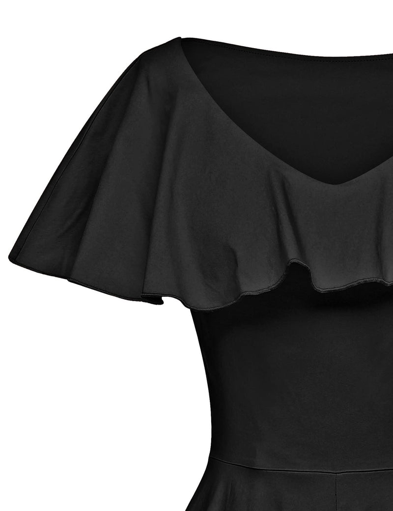 1950s  Black Retro Ruffle Collar Swing Dress With Pockets - Gowntownvintage