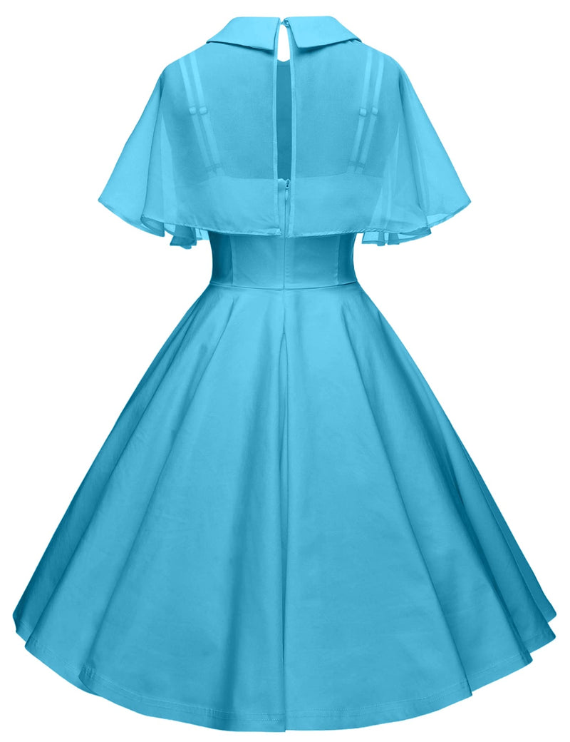 Women`s 1950s  Sweetheart Neckline Skyblue Party Dress With Chiffon Cloak - Gowntownvintage