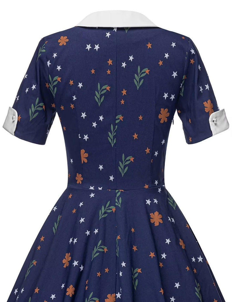Women`s 1950s Floral Vneckline Vintage Shirt Waist Party Dress - Gowntownvintage