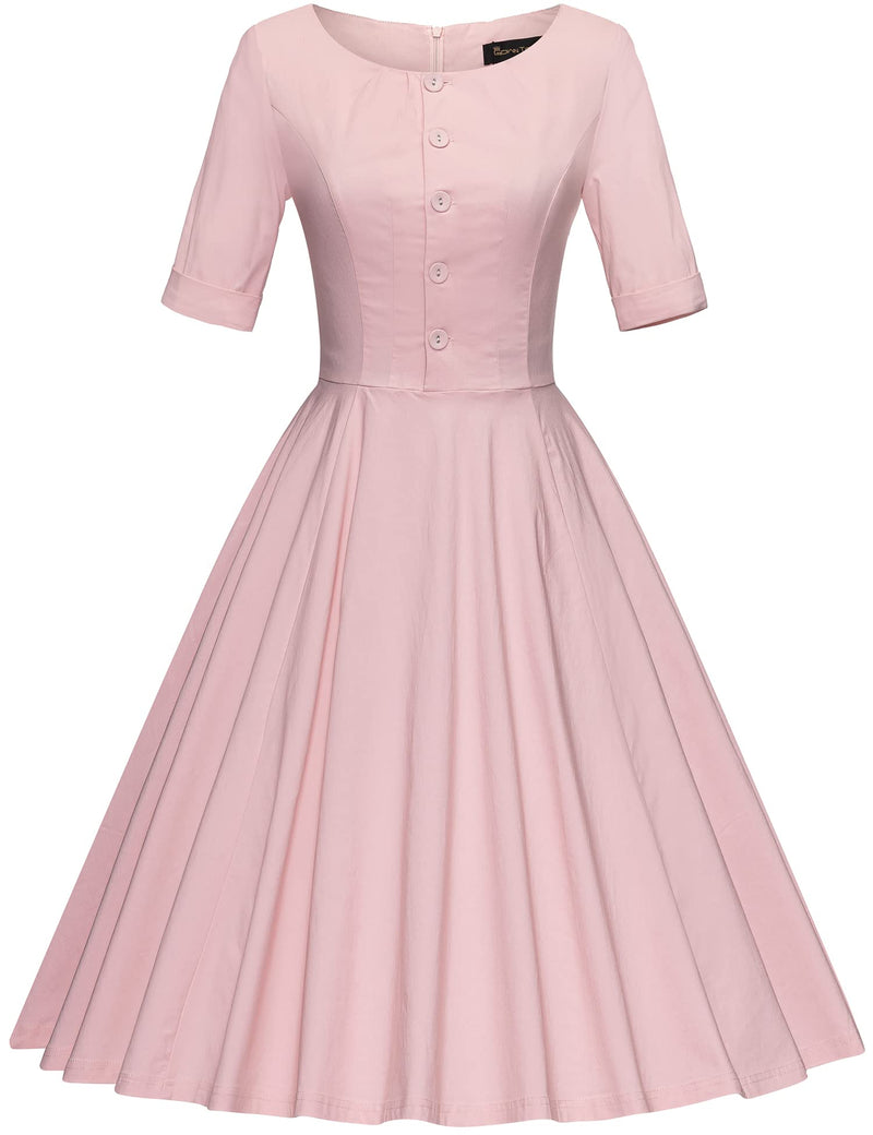 40s Women`s Scoop Collar Pink Shirtwaist Swing Dress With Pockets - Gowntownvintage
