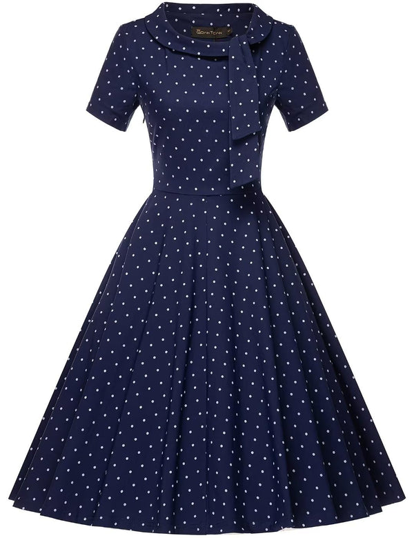 1950s  Vintage Darkbluedot Dress  In  Roller Collar - Gowntownvintage