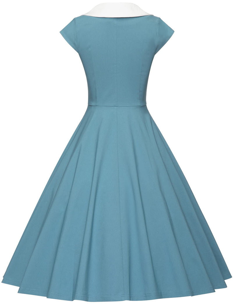 1940s 50s  Peter Pan Collar Blue Shirtwaist Vintage Swing Dress With Pockets - Gowntownvintage
