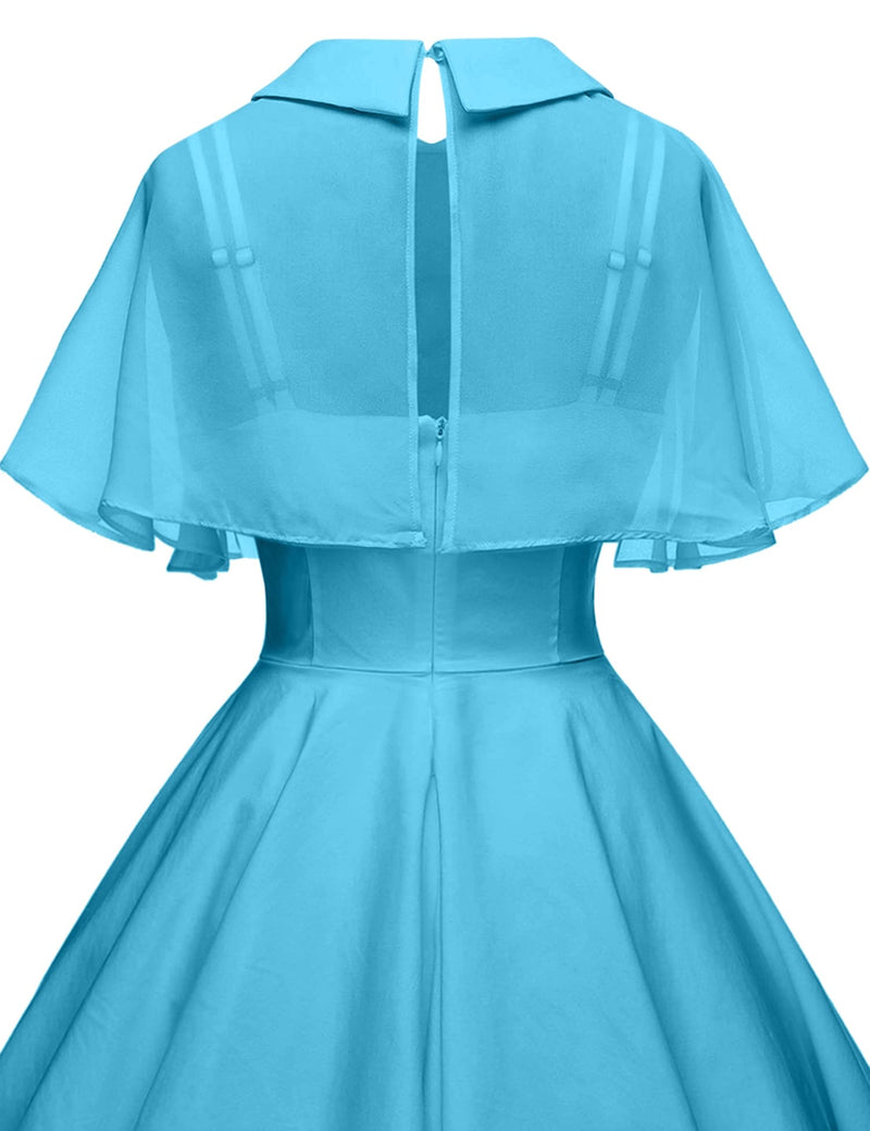 Women`s 1950s  Sweetheart Neckline Skyblue Party Dress With Chiffon Cloak - Gowntownvintage