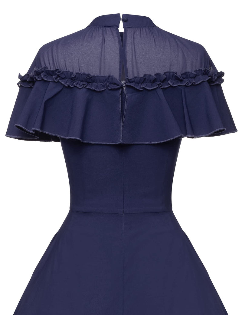 50s Lace Top Bust Ruffle  Darkblue  Swing Dress With Pockets - Gowntownvintage