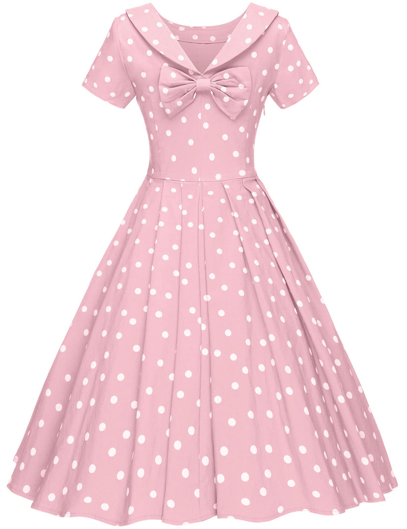 1950s  Pinkdot Roll Collar Swing Dress With Pockets - Gowntownvintage