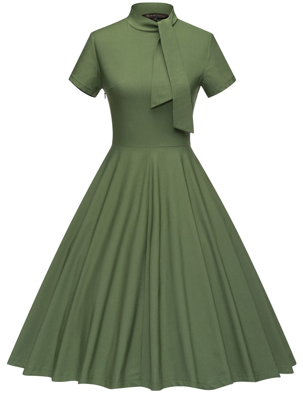 50s  Retro Stand Collar  With Fixed Bowknot Tie Armygreen Retro Rockabilly  Party Swing Dress With Pockets - Gowntownvintage