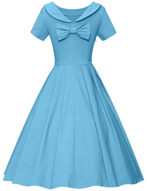 1950s  Skyblue Roll Collar Swing Dress With Pockets - Gowntownvintage