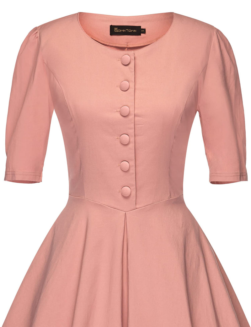50s Women`s Oneckline  Collar Pink Shirtwaist  Dress With Pockets - Gowntownvintage