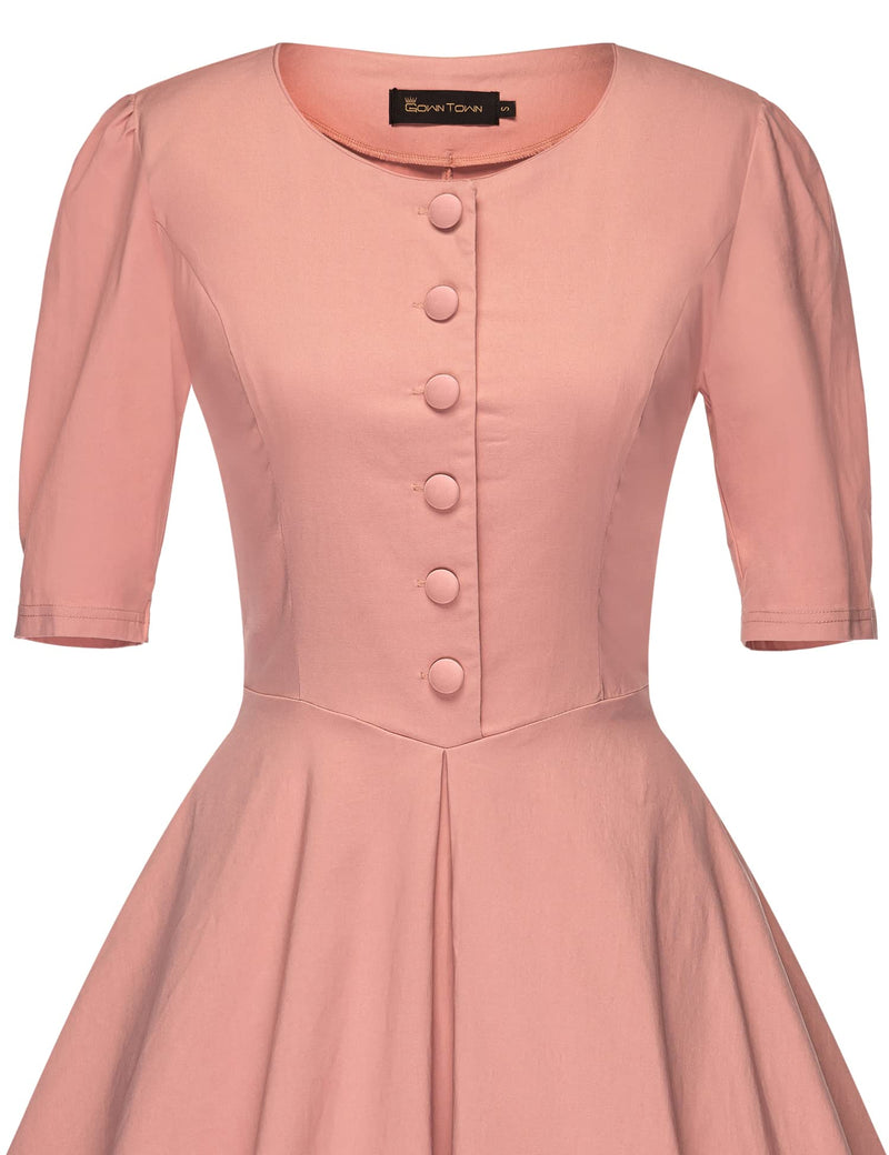 1950s Round Neckline Pink Shirtwaist Swing Vintage Dress With Pockets - Gowntownvintage